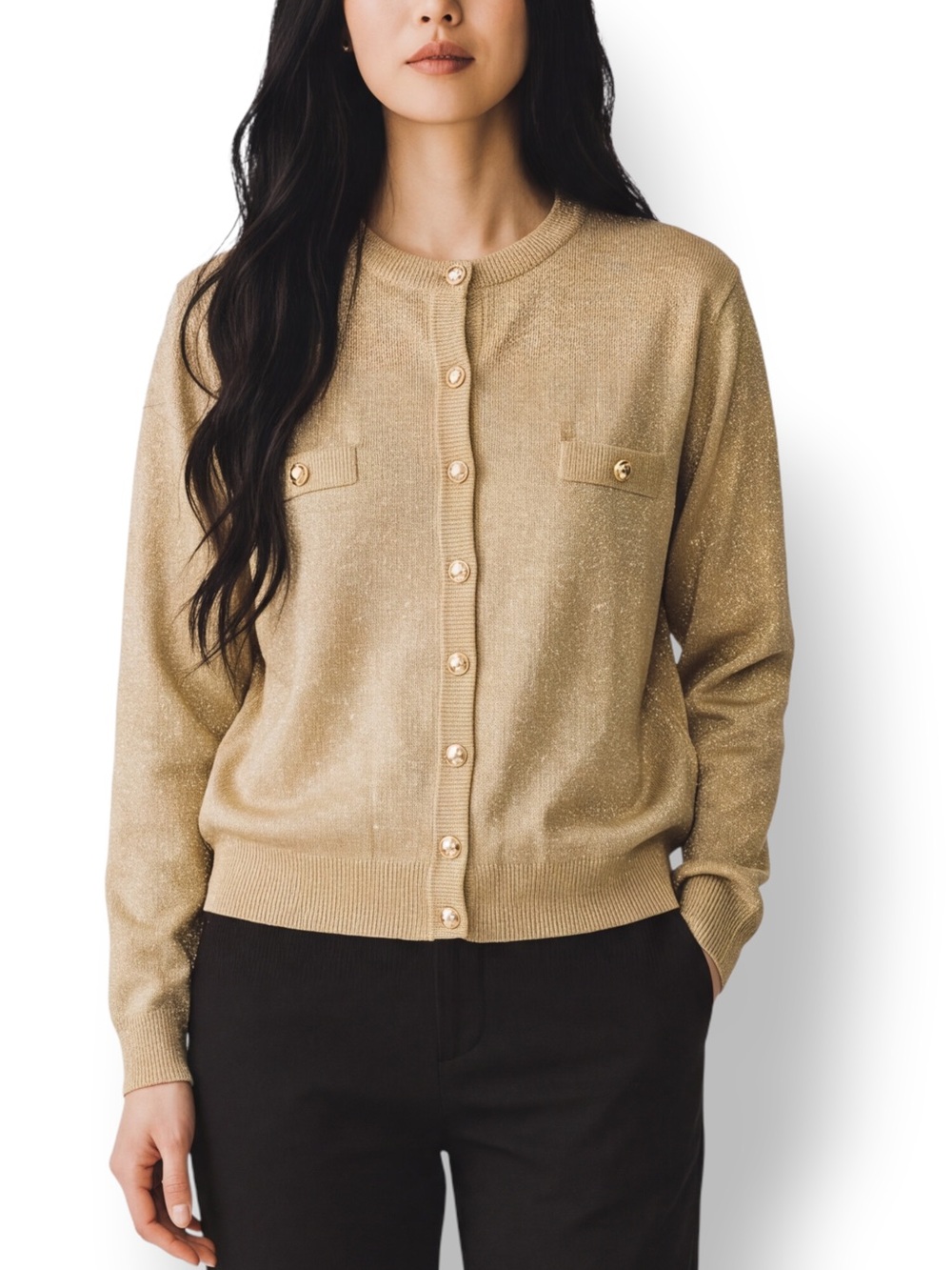 4/$20 Dress Barn Gold Metallic Cardigan Sweater Medium Button Front